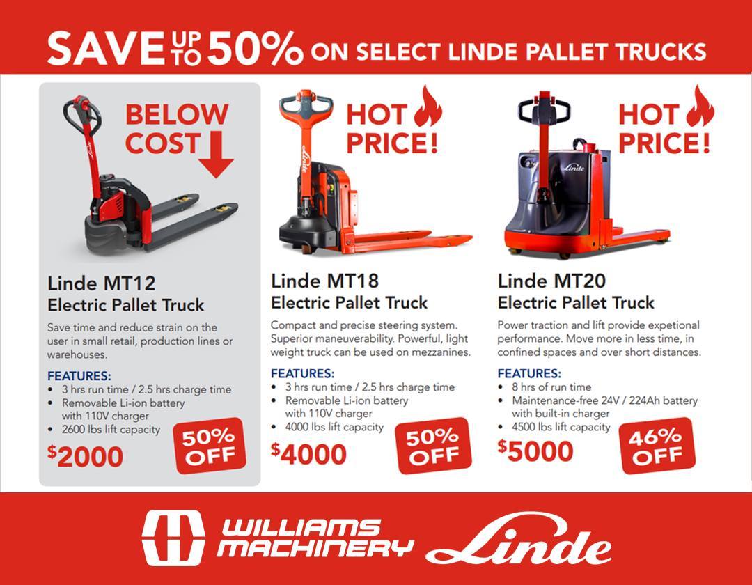 Need an upgrade on your pallet game? Our blowout sale can help you score premium Linde equipment with heavy discounts, up to 50% off on MT18 & MT20 models plus below cost price available on MT12 Pallet Trucks!

DM us or contact us to find out more about this deal and other material handling equipment available with Williams Machinery

#Warehousing #Forklifts #PalletTruck #Linde #SpecialOffer #LindeForklift #WarehouseEquipment #Warehouse #LindeEquipment #ForkliftEquipment #ForkliftMachinery #DiscountedEquipment