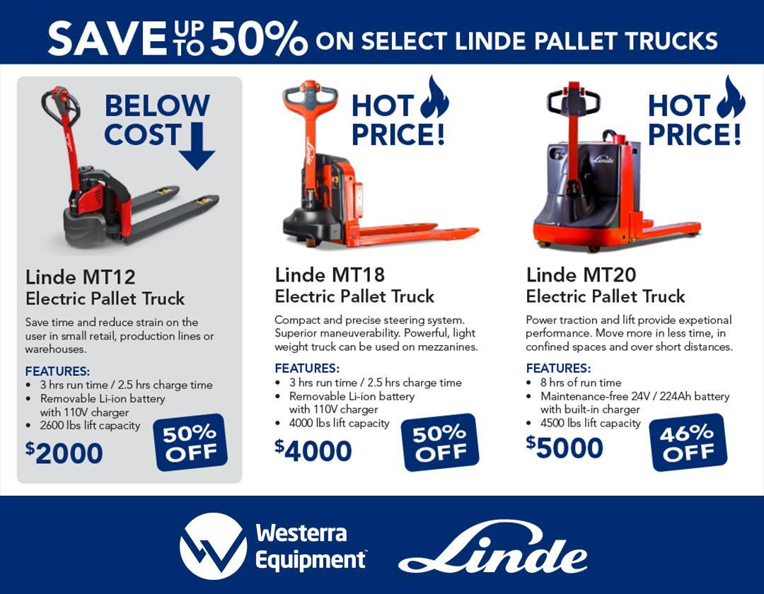 Looking to upgrade your pallet game? Take advantage of our blowout sale to get premium Linde equipment at up to 50% off on MT18 and MT20 models. Plus, score MT12 Pallet Trucks at below cost price while stocks last!

DM us or contact Westerra Equipment to learn more about this deal and explore other available material handling equipment.

#Warehousing #Forklifts #PalletTruck #Linde #SpecialOffer #LindeForklift #WarehouseEquipment #Warehouse #LindeEquipment #ForkliftEquipment #ForkliftMachinery #DiscountedEquipment
